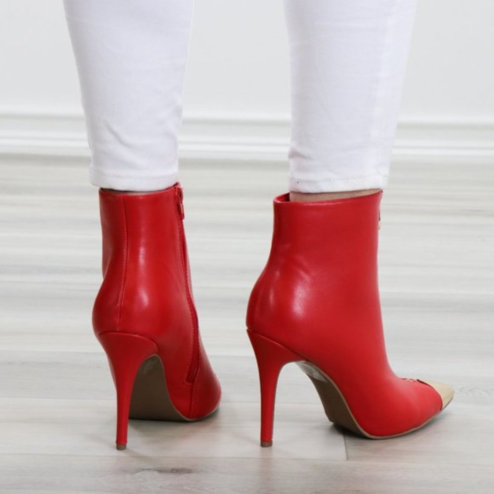 Ankle Red Boots Faux Leather Gold Pointy Toe - Picture 11 of 14